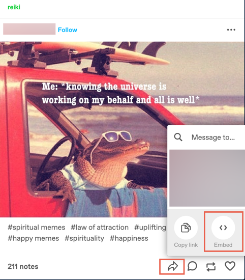 A screenshot showing the option to share and embed a blog post on Tumblr.