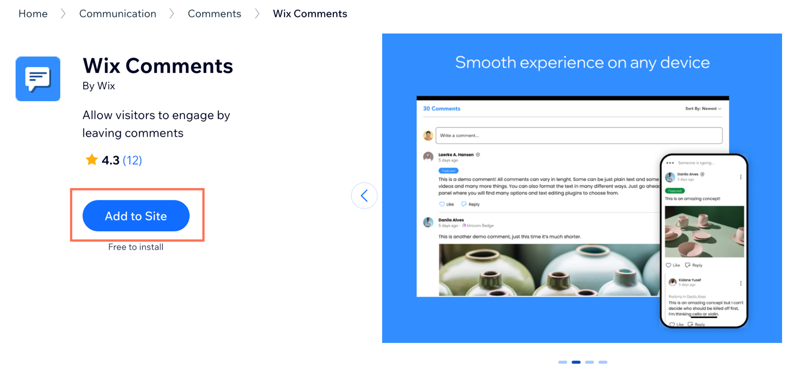 Wix App Market'teki Wix Comments'in ekran görüntüsü ve sitenize ekleme düğmesi.