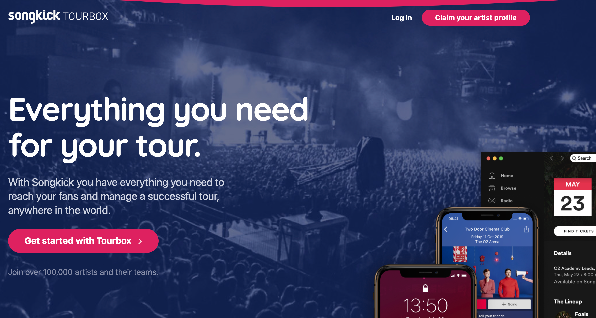 Uma captura de tela da landing page do Songkick.