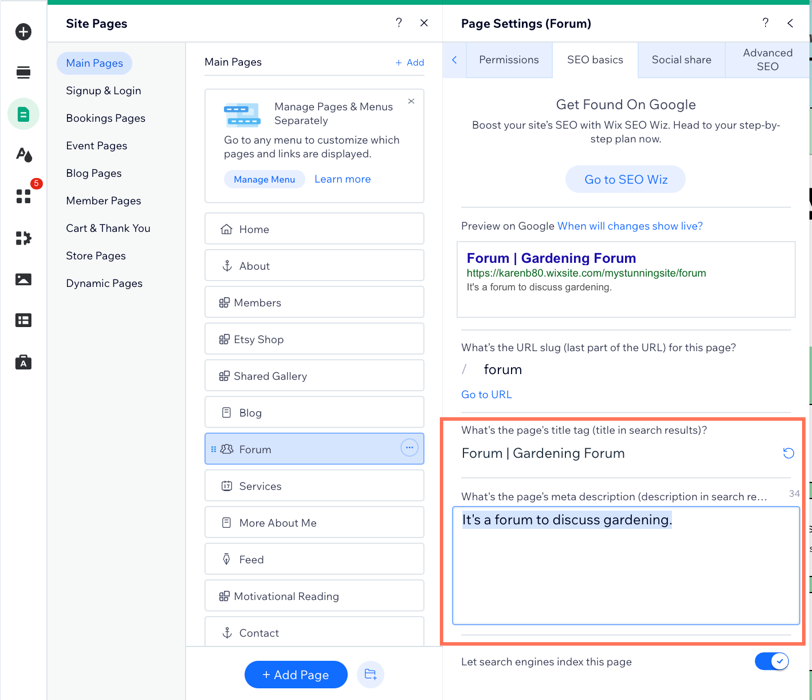 A screenshot showing the forum page SEO basics settings.