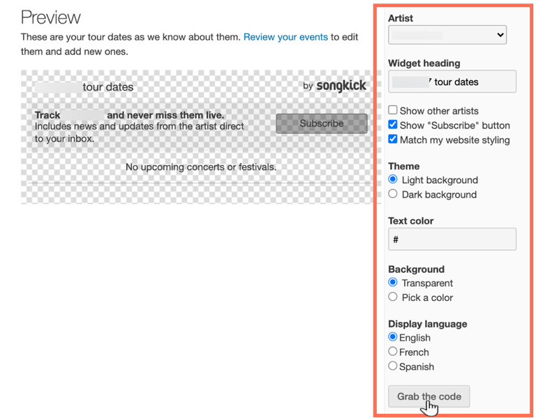 A screenshot of the tour dates widget in Songkick, showing the options to customize.