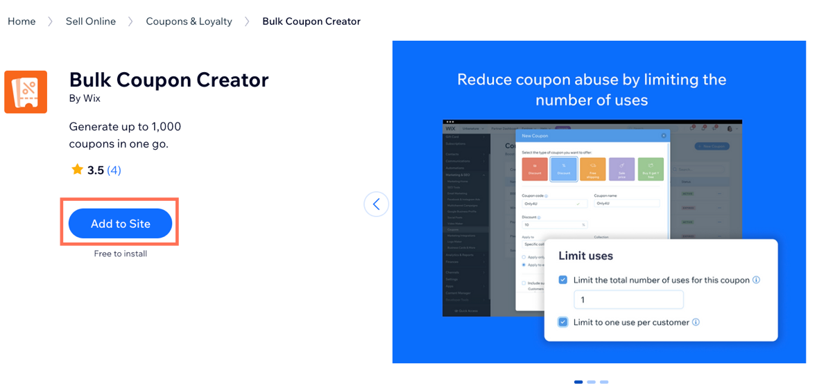 Une capture d'écran montrant comment ajouter l'appli Bulk Coupon Creator depuis le Wix App Market.