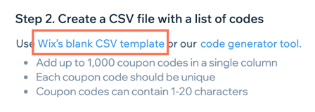 A screenshot showing the option to use Wix's blank CSV template.