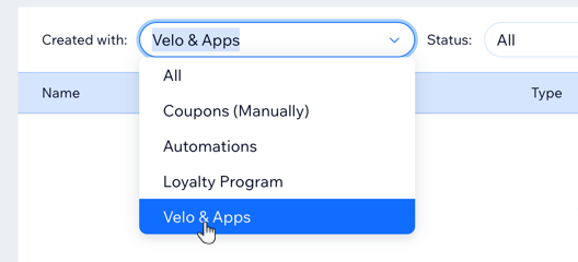 A screenshot showing the Created with drop-down and the option to choose Velo and Apps.