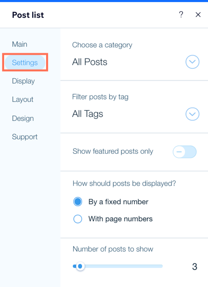 A screenshot showing the post list settings tab and the options to customize.