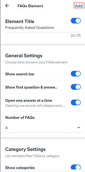 A screenshot showing the General Settings of the FAQ element in the Wix Owner app.