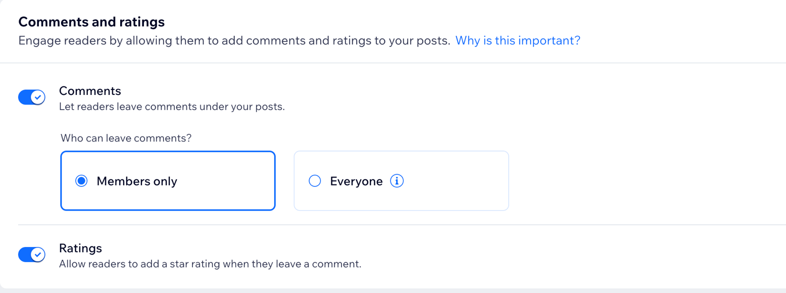 A screenshot showing the comments settings in the dashboard.