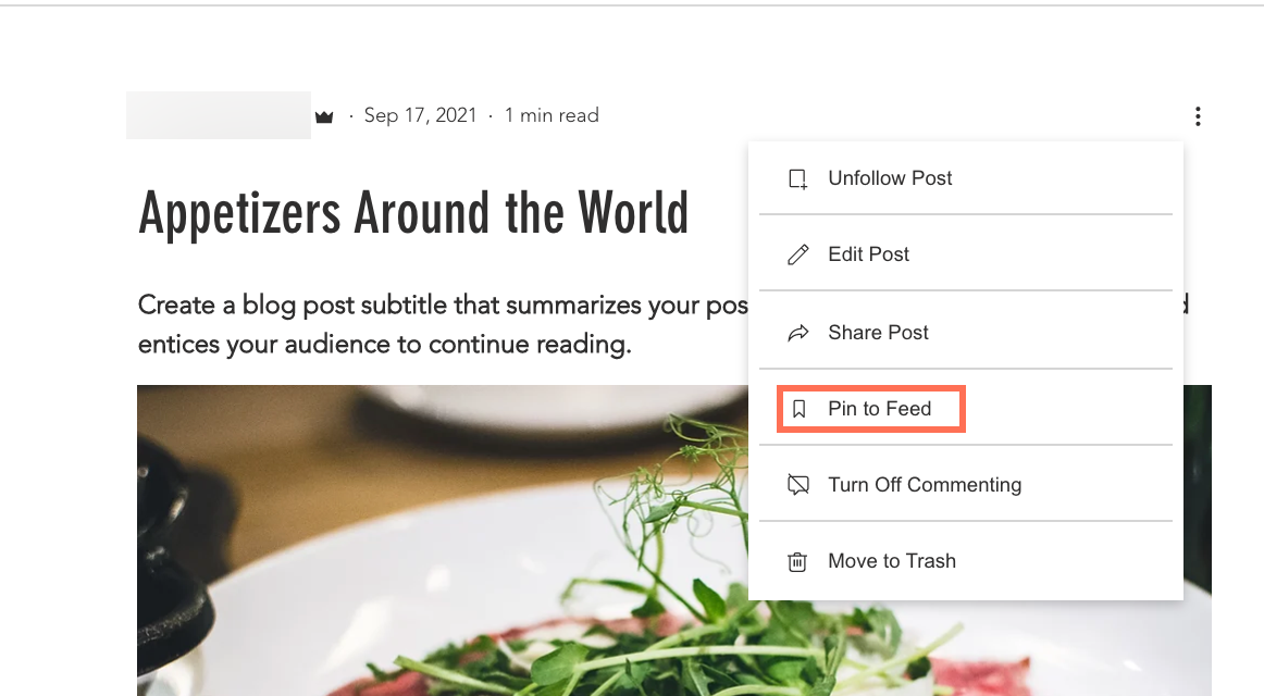 A screenshot showing the option to pin the post to your feed on your live site.