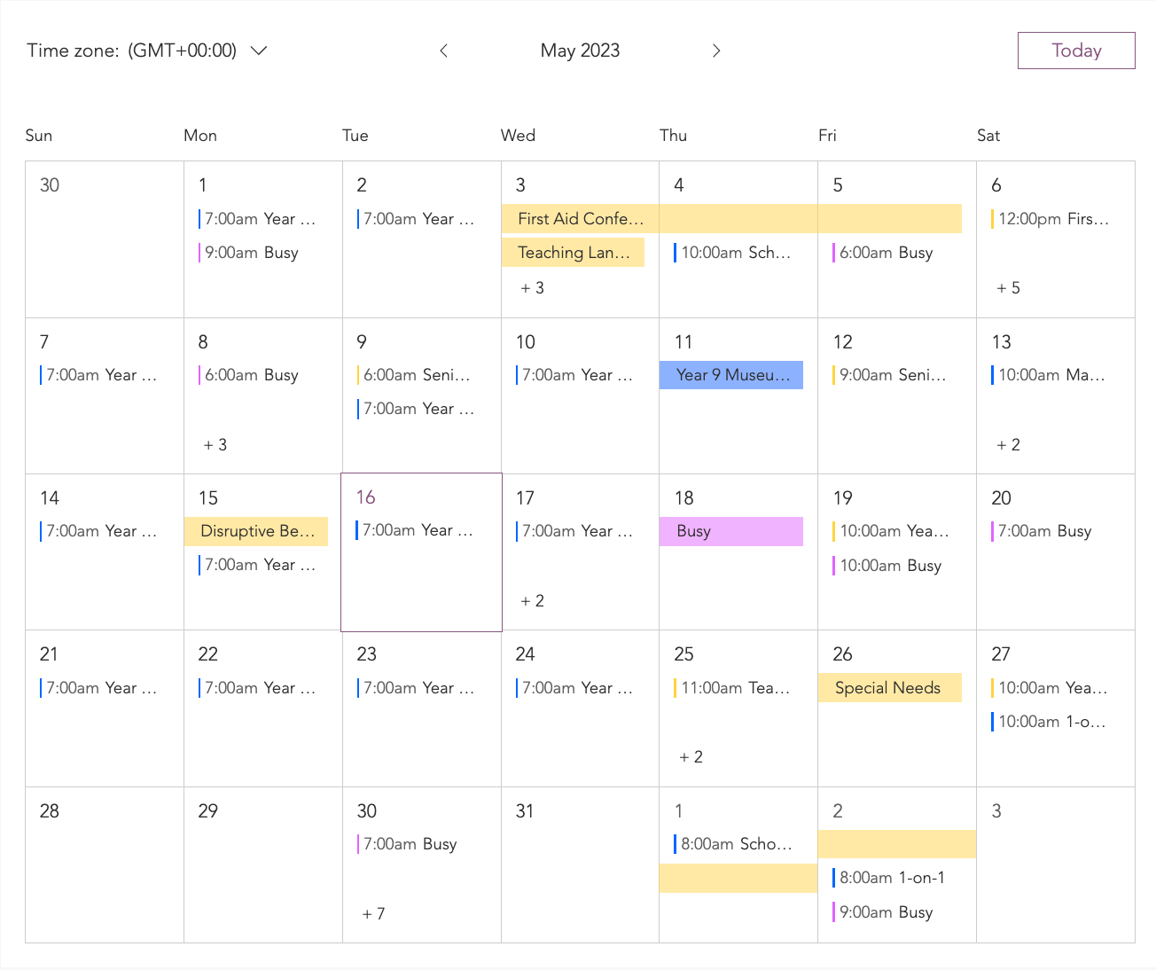 A screenshot showing the Google Event Calendar app on a live site.