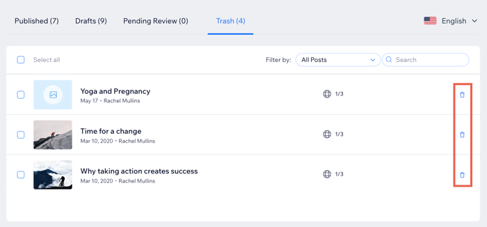 A screenshot showing the delete icon next to your posts in the 'Trash' tab.