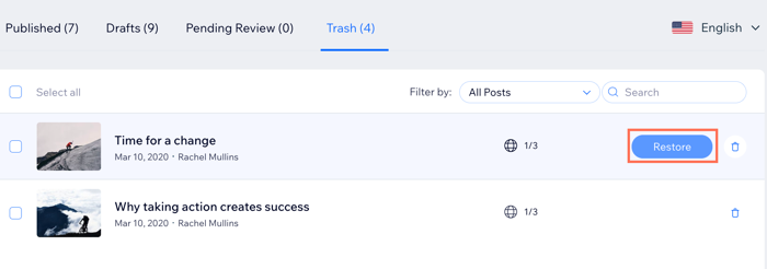 A screenshot showing the option to restore a blog post from your 'Trash' tab.