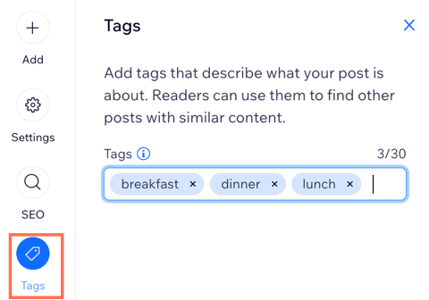 A screenshot showing the option to add a tag to a blog post.