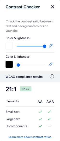 A screenshot showing the contrast checker UI.
