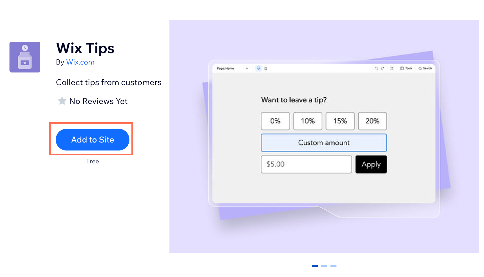 Une capture d'écran montrant comment ajouter Wix pourboires à votre site.