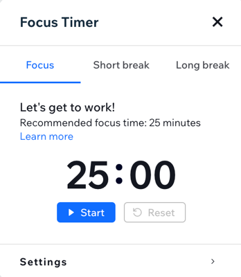 Screenshot che mostra l'interfaccia utente del timer per la concentrazione