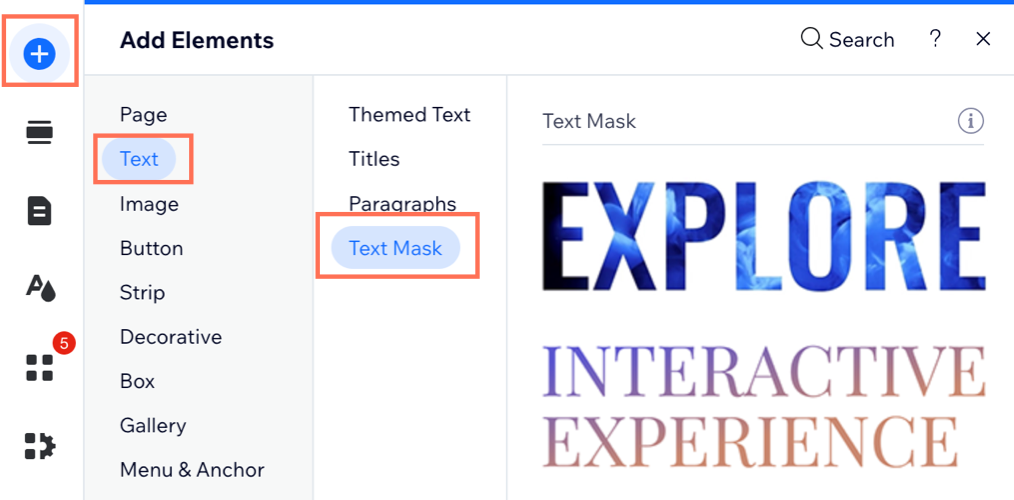 Une capture d'écran montrant le panneau Ajouter dans votre Éditeur et la possibilité d'ajouter un masque de texte à votre site.