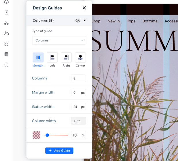 Screenshot che mostra le impostazioni di design per lo strumento extra Guide di design