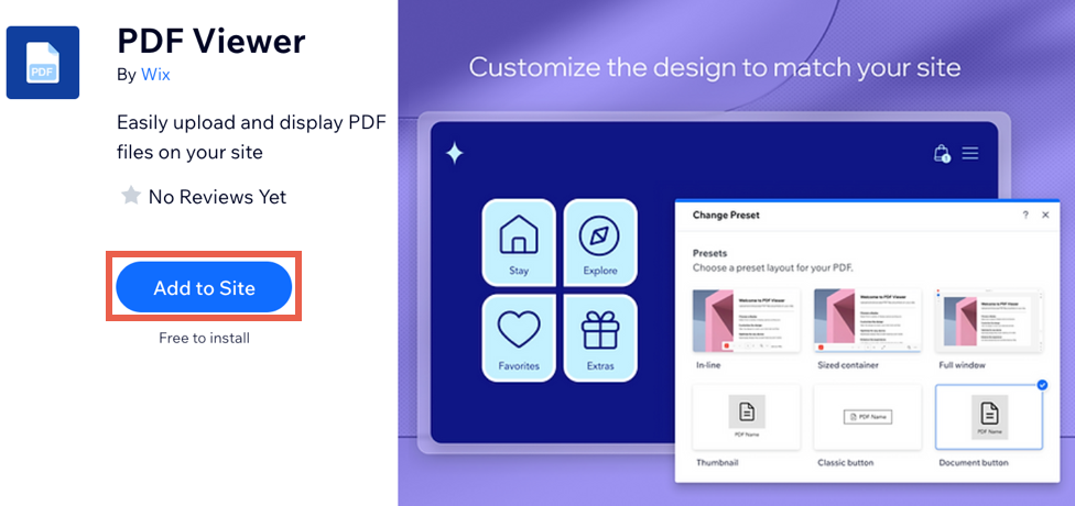 Wix App Market から「PDF Viewer」アプリを追加する様子を示したスクリーンショット。