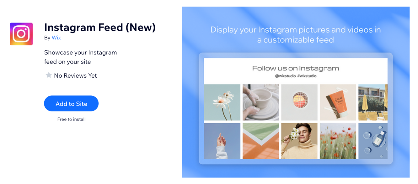 A screenshot showing the option to add the new instagram app to your site.