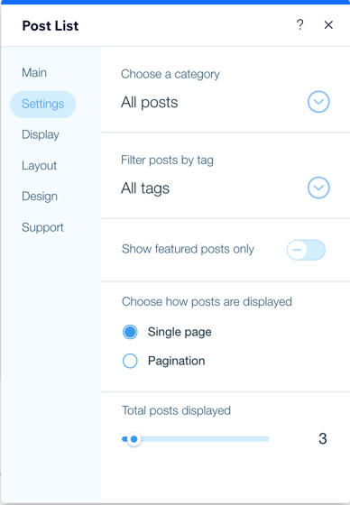 A screenshot showing the settings tab in the Post List element settings.