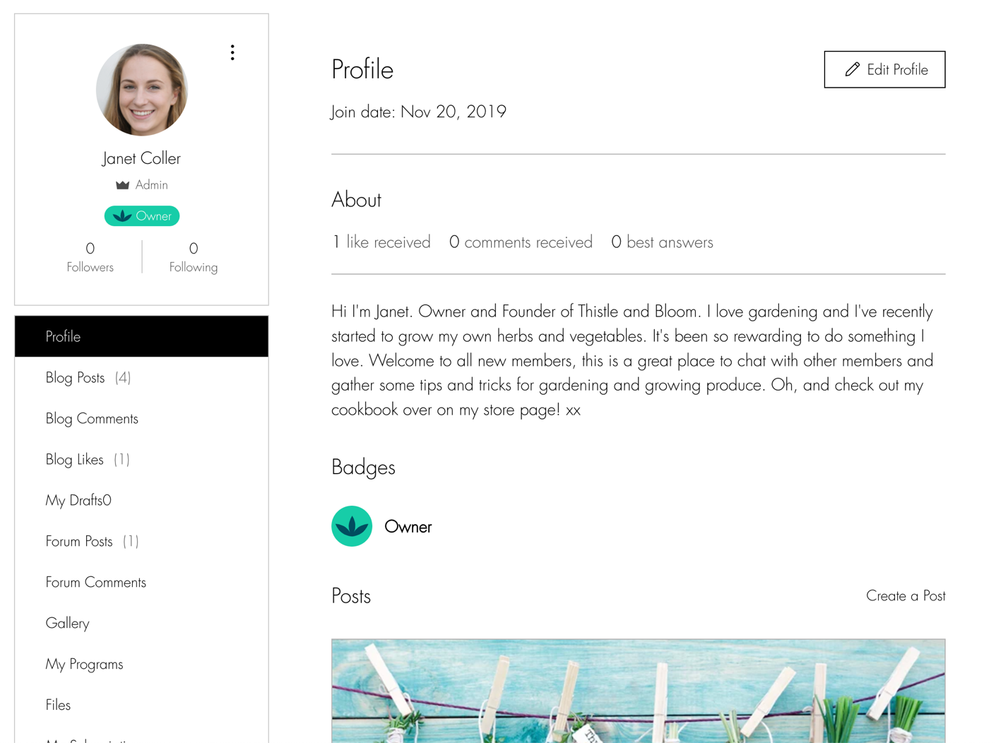 Capture d'écran montrant la page de profil d'un membre qui est connecté.