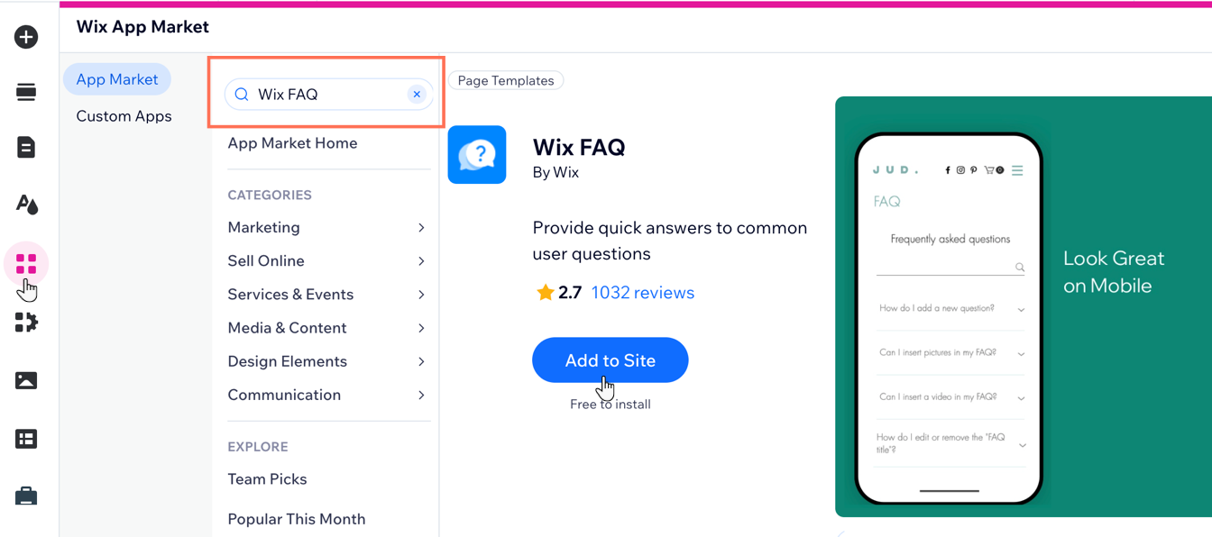 사이트에 Wix FAQ 앱을 추가하는 옵션을 보여주는 스크린샷