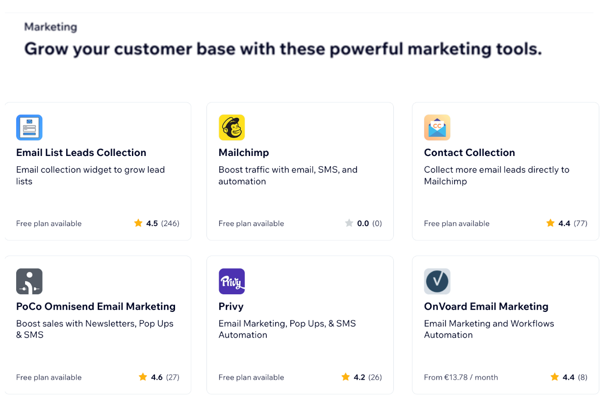 A screenshot showing a selection of marketing apps available in the Wix App Market.