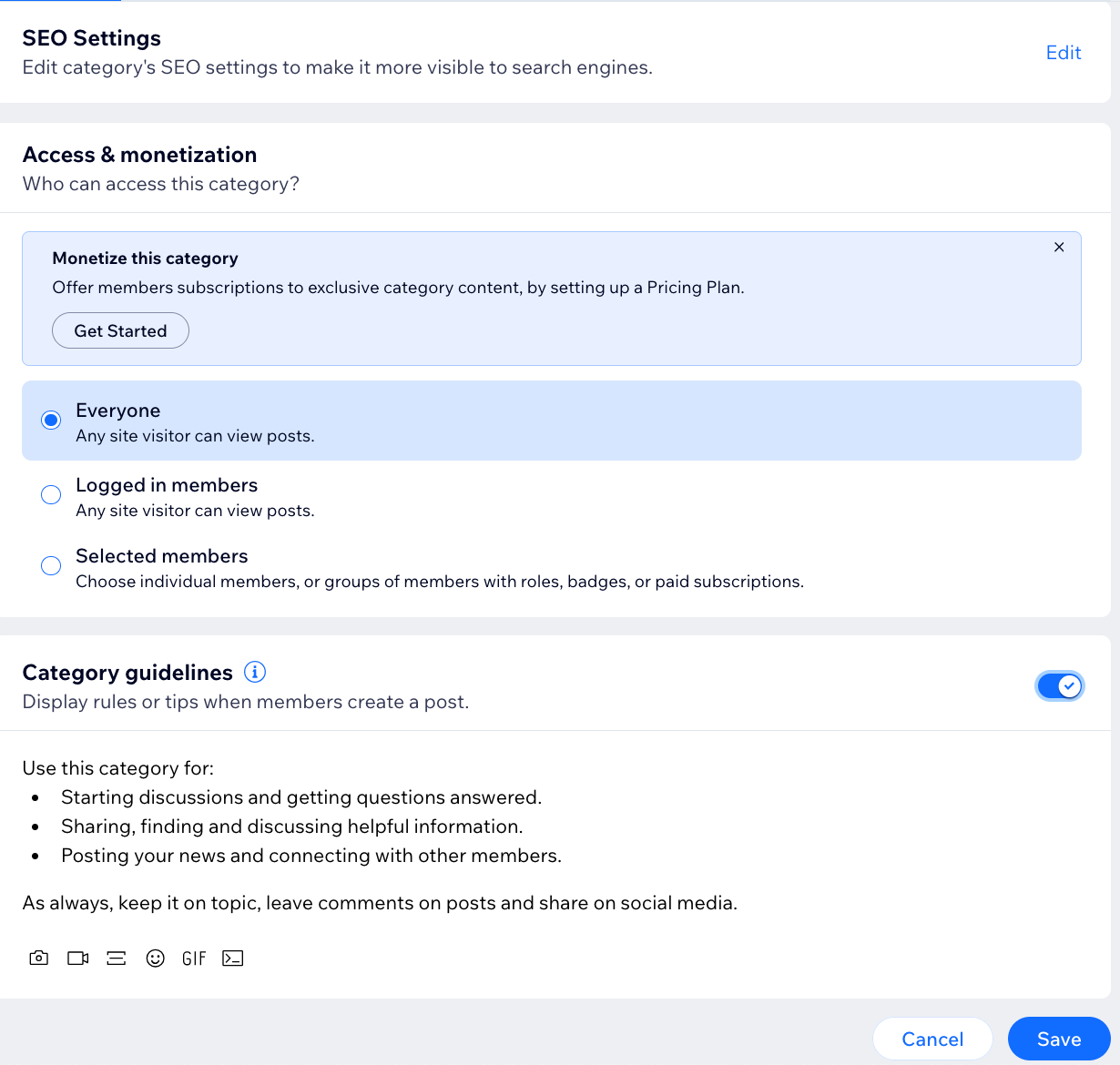 A screenshot showing the SEO settings that relate to your category.