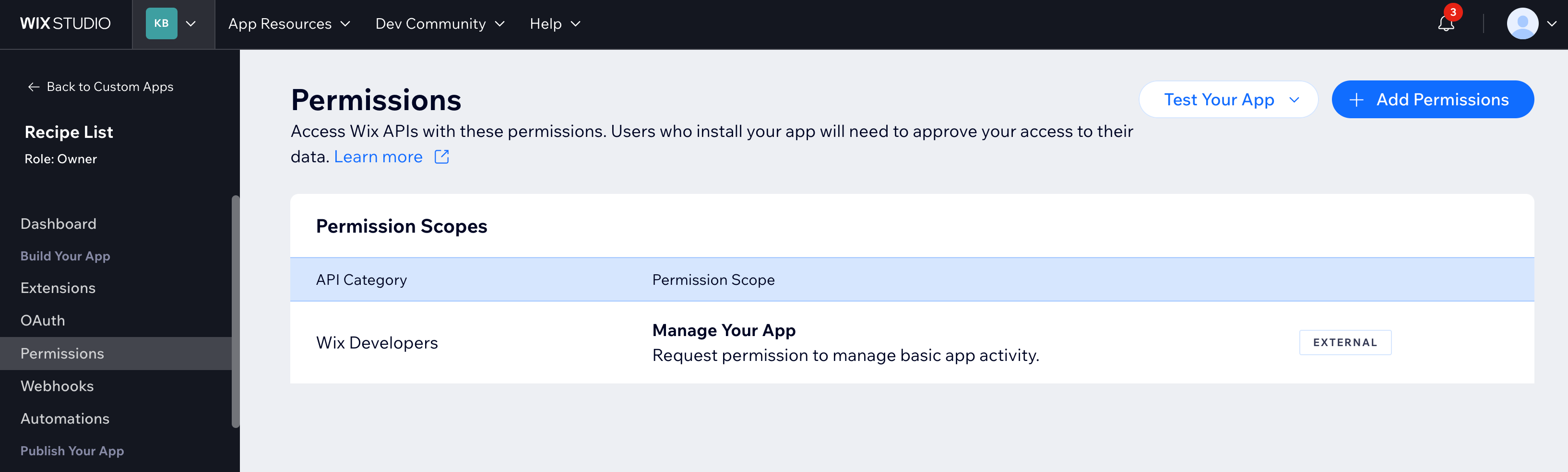 A screenshot showing the Wix App Dashboard Permissions tab.