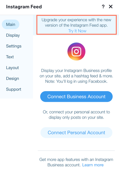 A screenshot showing the option to try the new Instagram Feed app.