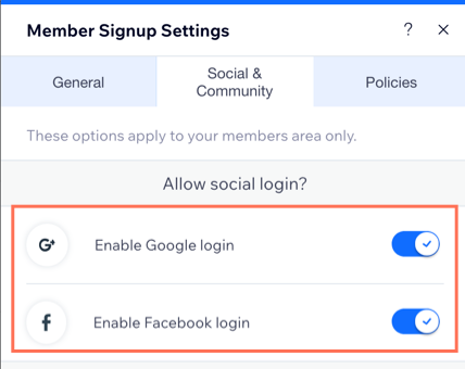 A screenshot showing the option to enable Google and Facebook login.