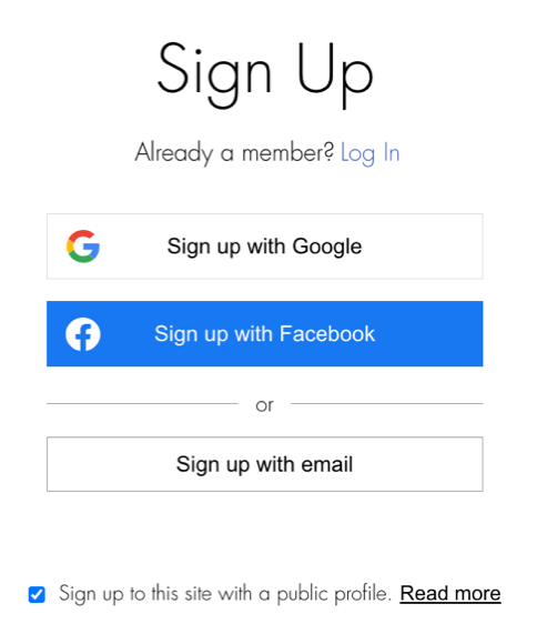 A screenshot showing the signup and login popup prompting site visitors to become members of your site.