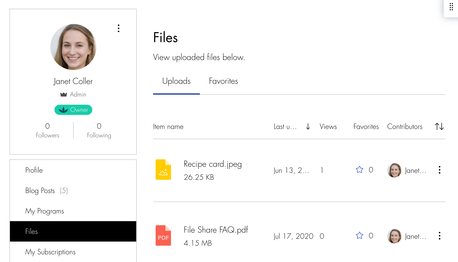 A screenshot showing the file share tab in the members area.