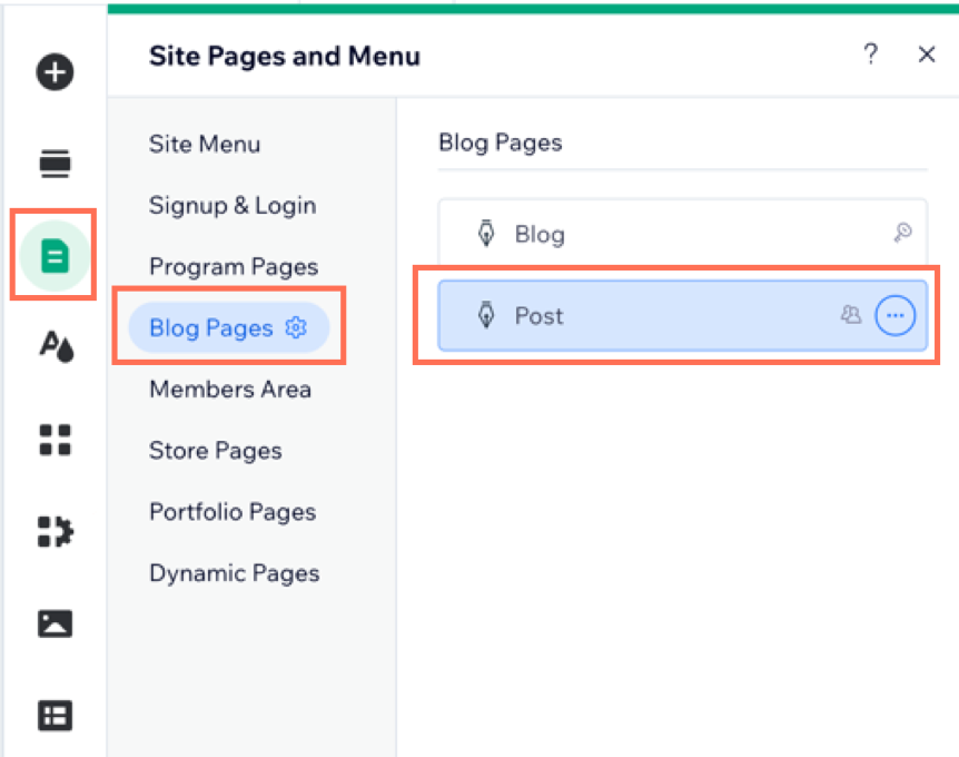 A screenshot showing how to access the post page from the Pages & Menu tab on the left side of your editor.