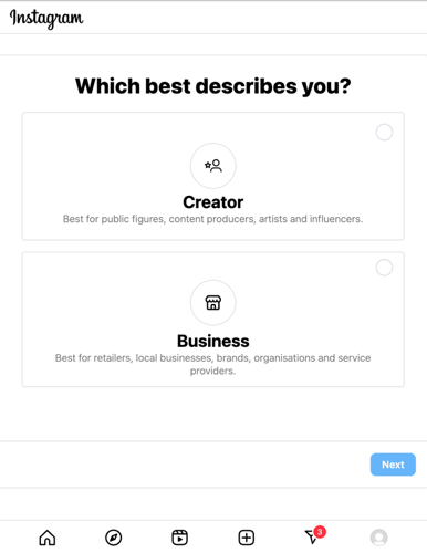 A screenshot showing the option to select a creator or business profile.