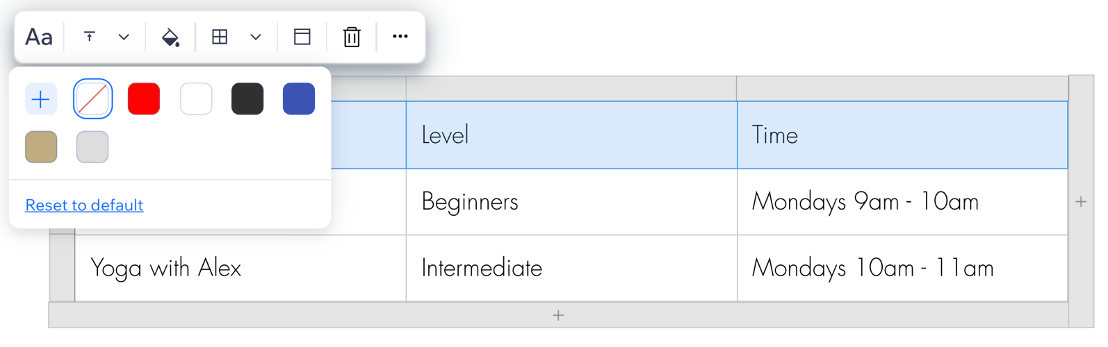 A screenshot showing a table in a blog post and the settings bar showing the customizable options.