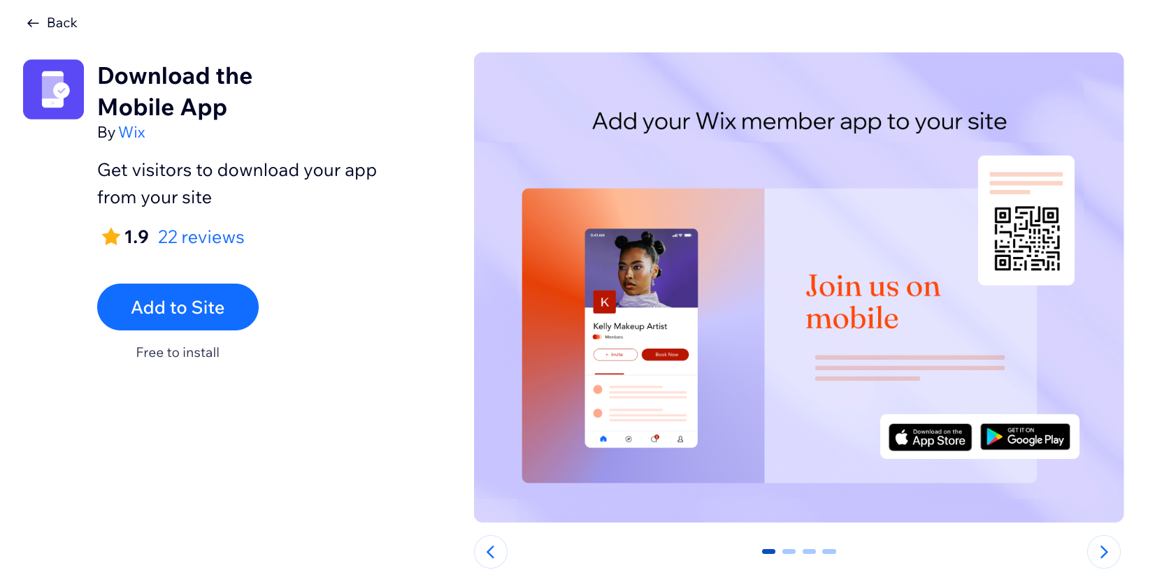 A screenshot showing the option to add the download the mobile app to your site from the Wix App Market.