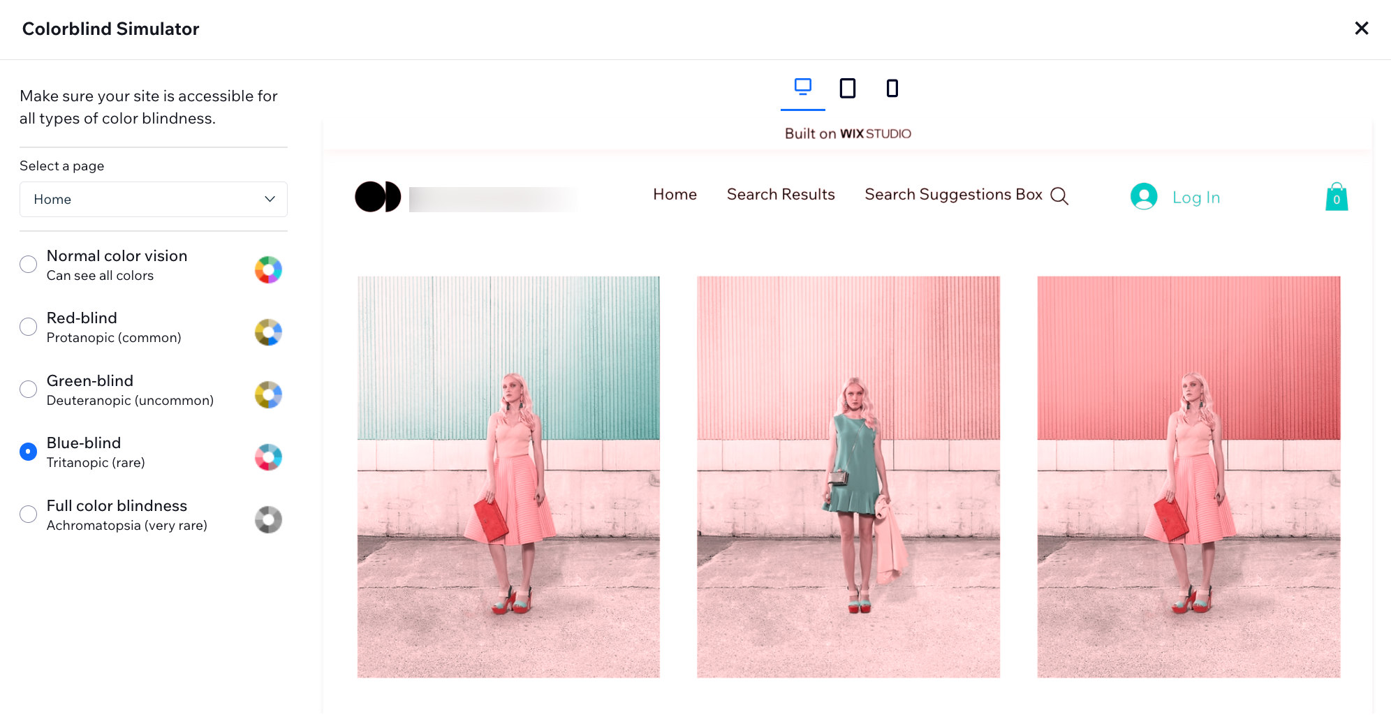 A screenshot showing a page in preview using the colorblind simulator.