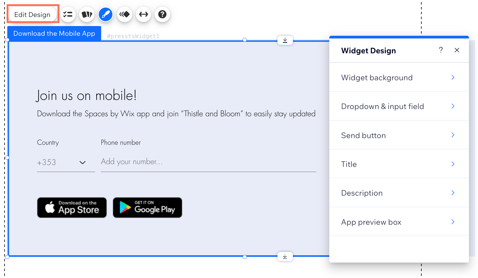 A screenshot showing the design panel and the options available to customize.