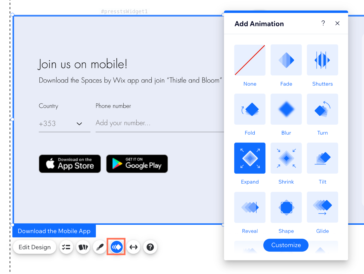 A screenshot showing the animations available.