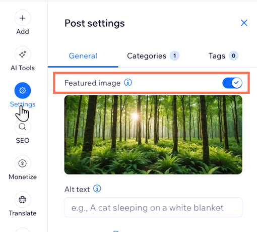 A screenshot showing the featured image toggle enabled.