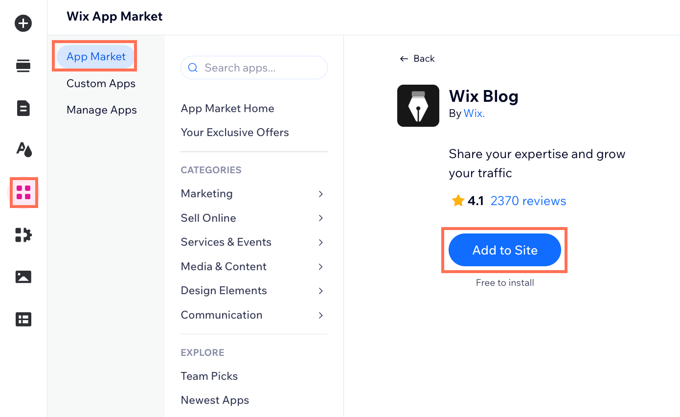 A screenshot showing how to add Wix Blog from the App Market.