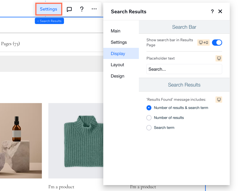 Adjusting the Display tab in the Search Results Settings panel in Wix Editor