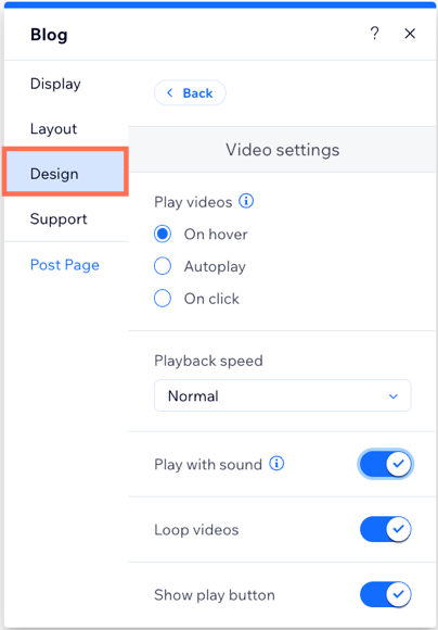 A screenshot showing the design tab settings available.