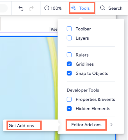 A screenshot showing the option to add add-ons to your site.