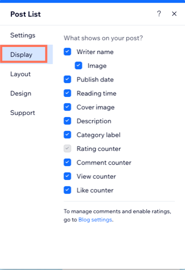 A screenshot showing the post list display settings.