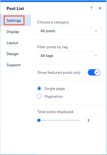 A screenshot showing the settings tab in the post list element.
