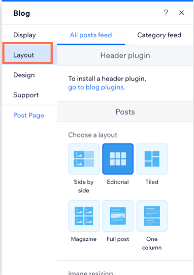 A screenshot showing the blog feed layout settings.