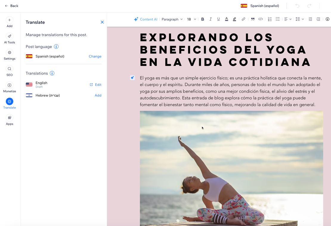 A screenshot showing a blog post translated to Spanish