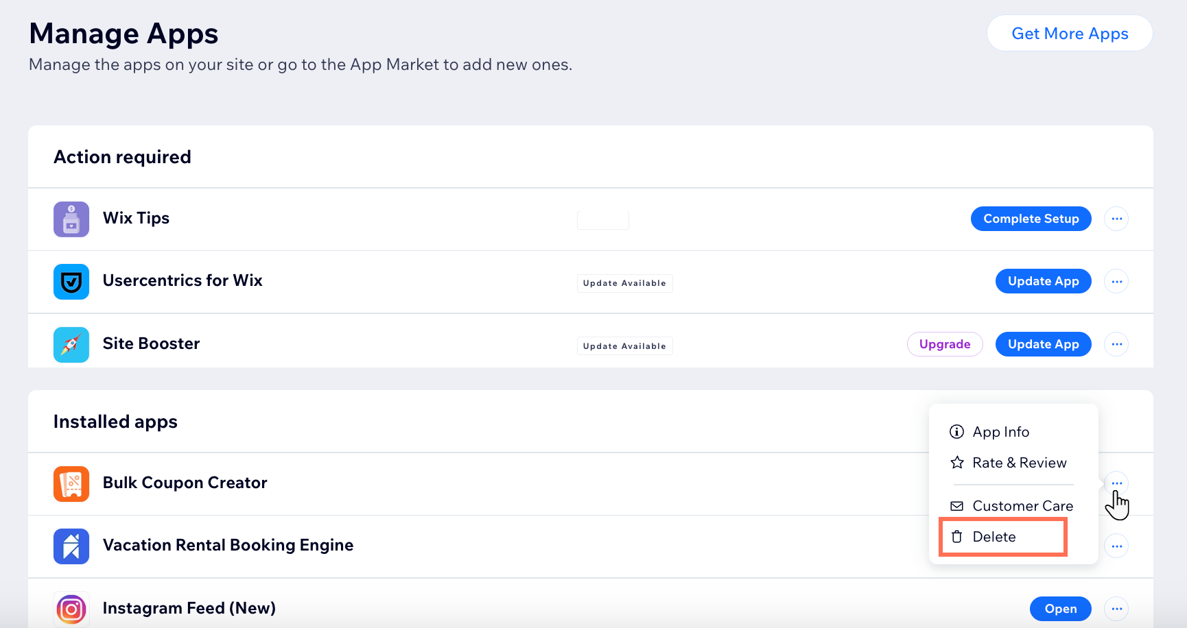 A screenshot showing the option to delete an app from manage apps in your dashboard.